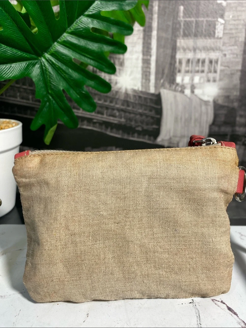 Authentic Miu Miu Beige Linen Pouch with Coral Trim